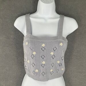 Pink Rose Light Blue Knit Cropped Tank Top Daisy Embroidery Square Neck Sz S